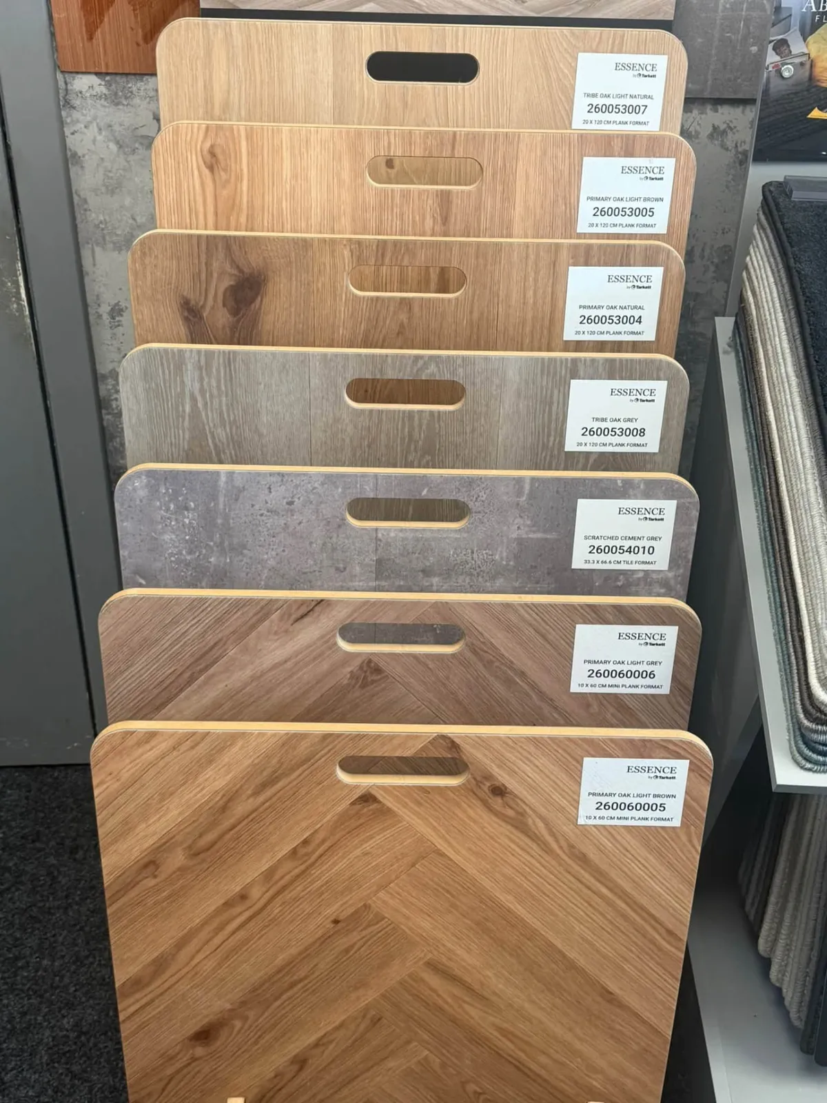 Wood and stone-effect plank and tile sample boards